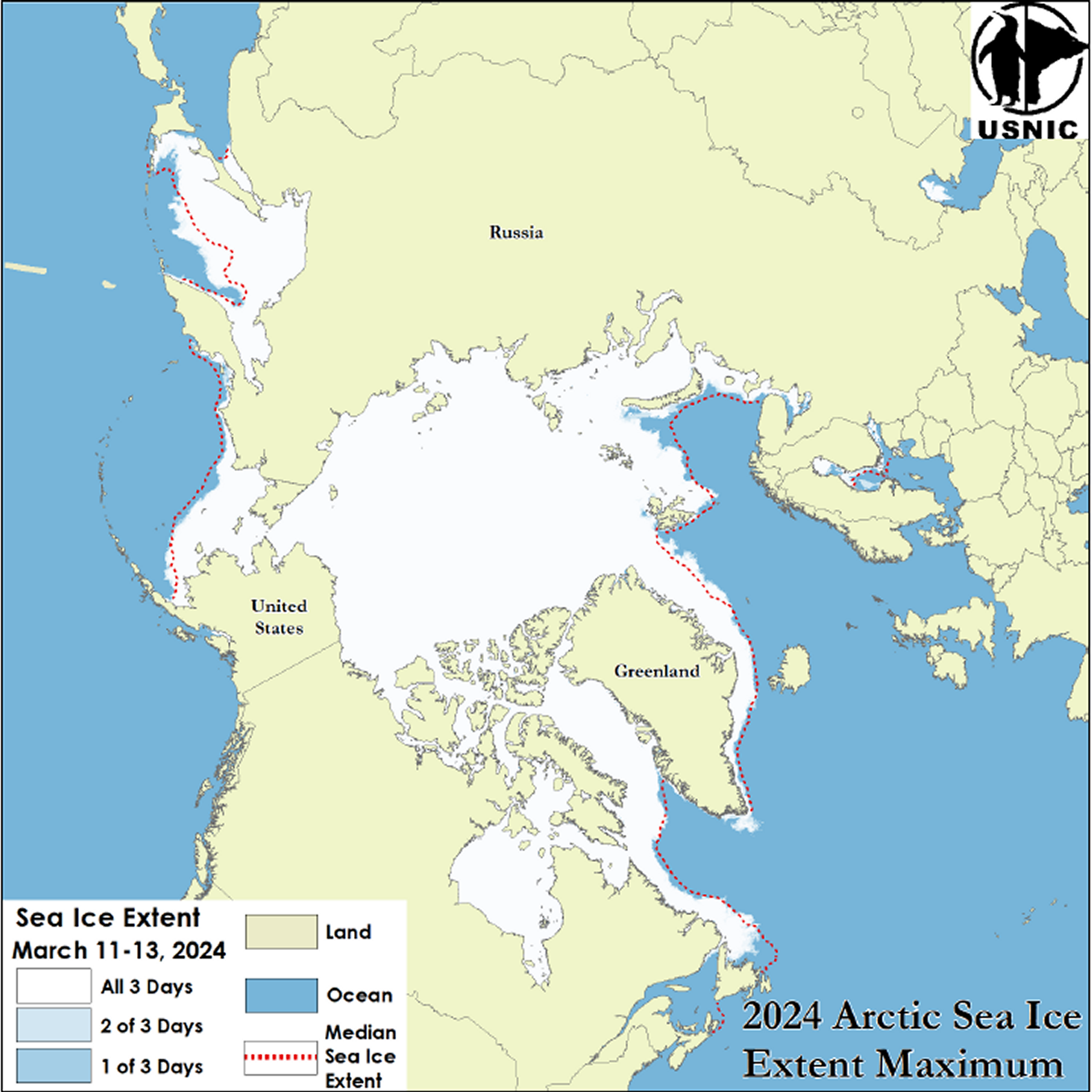 Image of the Arctic
                 depicting maximum ice extent for 2024 along with median sea ice extent line