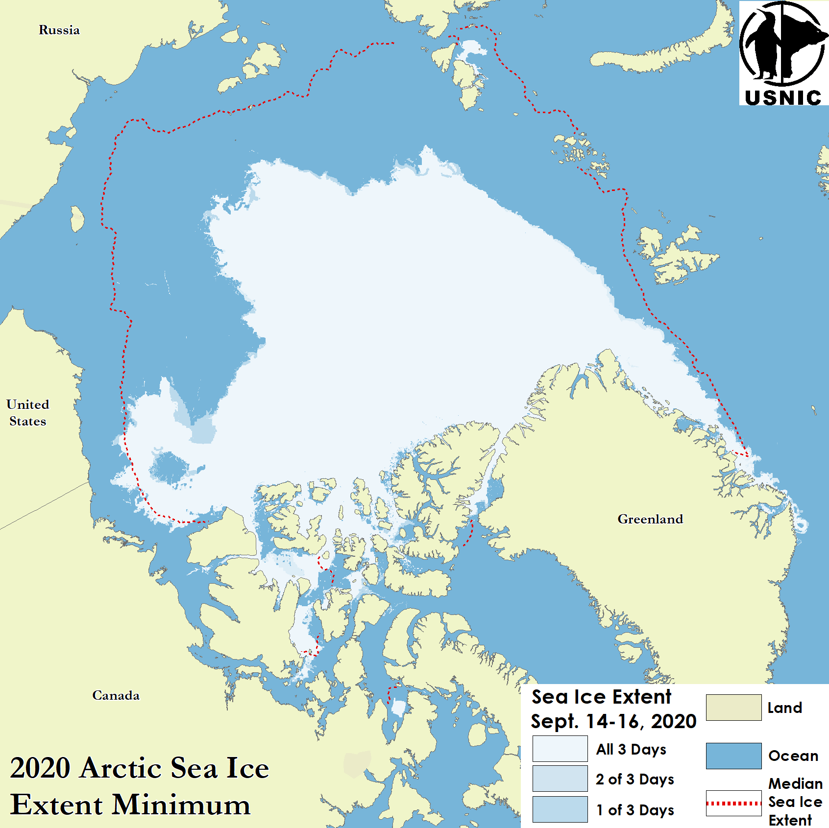 Image of the Arctic 
                 depicting minimum ice coverage along with median sea ice extent line
