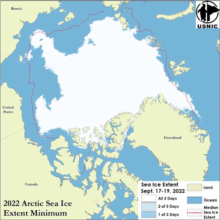 Image of the Arctic
                 depicting minimum ice coverage along with median sea ice extent line