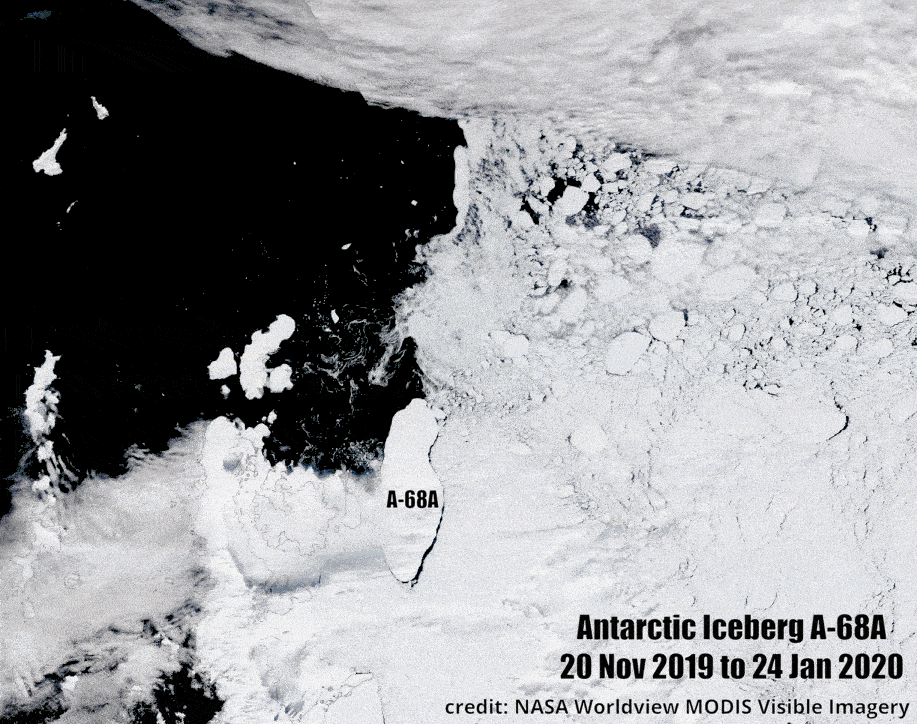 Animated image of Iceberg A-68A and its movemnt near the tip of 
                 the Antarctic Peninsula.