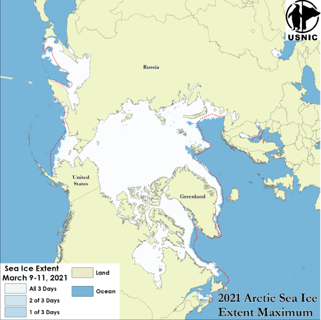 Image of the Arctic 
                 depicting maximum ice coverage for 2021 along with median sea ice extent line