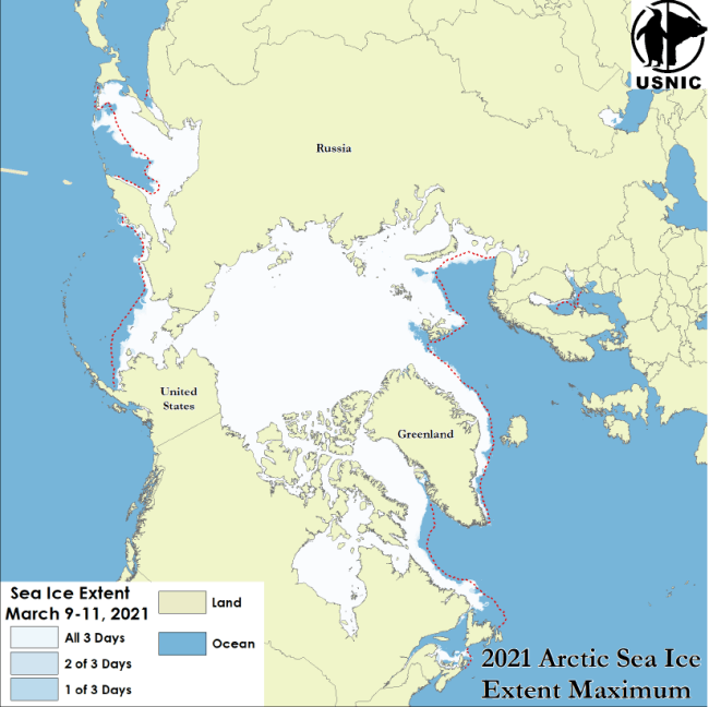 Image of the Arctic 
                 depicting maximum ice coverage for 2021 along with median sea ice extent line