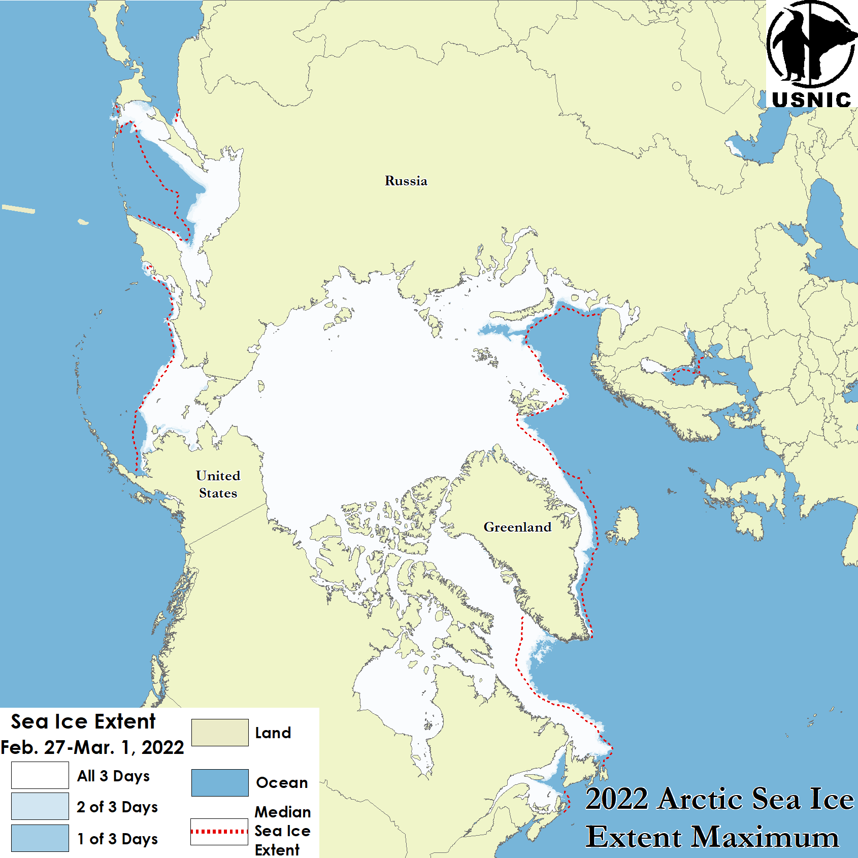 Image of the Arctic
                 depicting maximum ice extent for 2022 along with median sea ice extent line