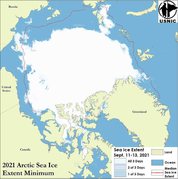 Image of the Arctic
                 depicting minimum ice coverage along with median sea ice extent line