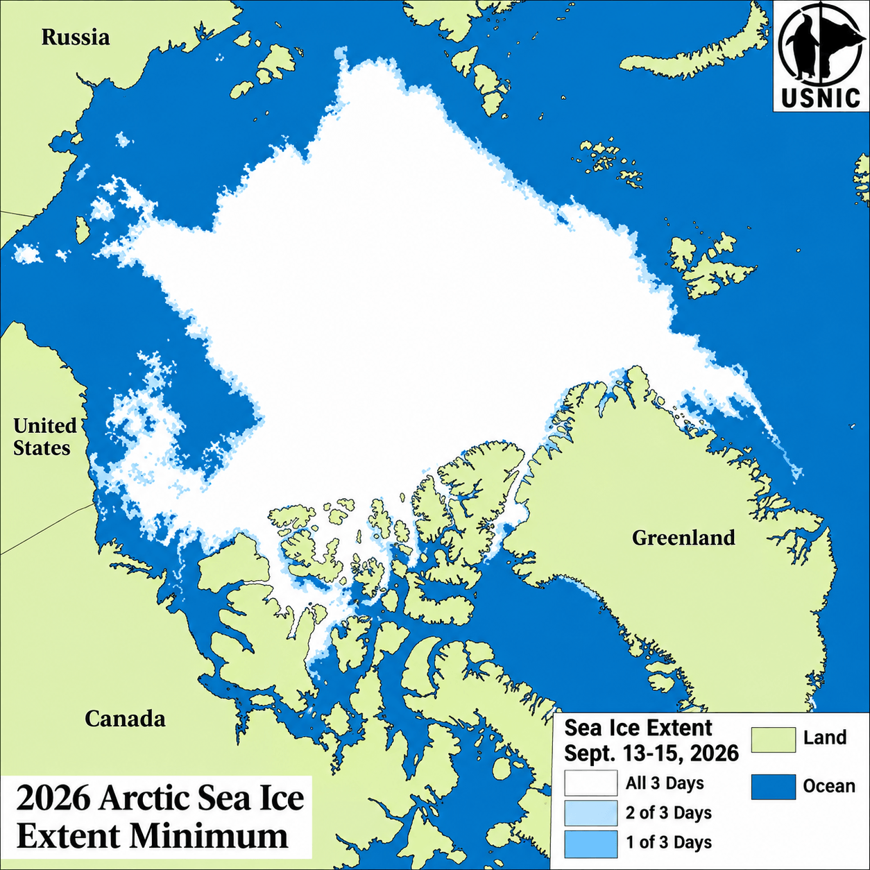 Image of the Arctic
                 depicting minimum ice coverage along with median sea ice extent line