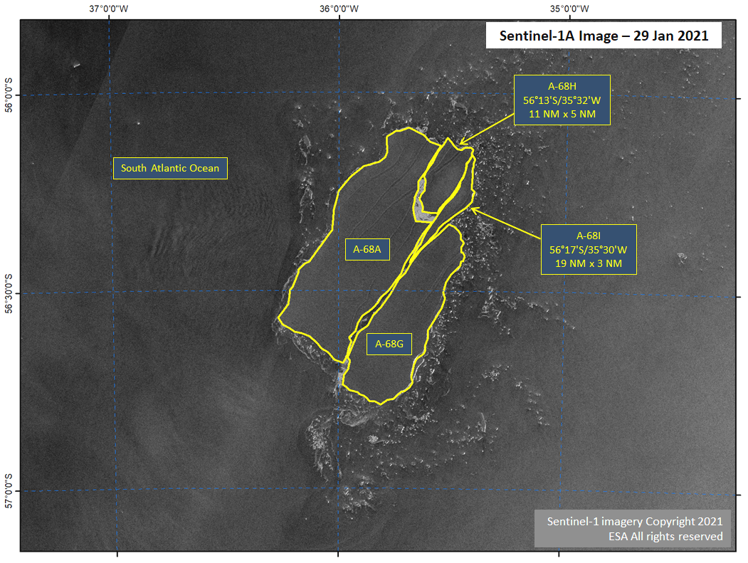 Satellite image of Iceberg A-68H and A-68I