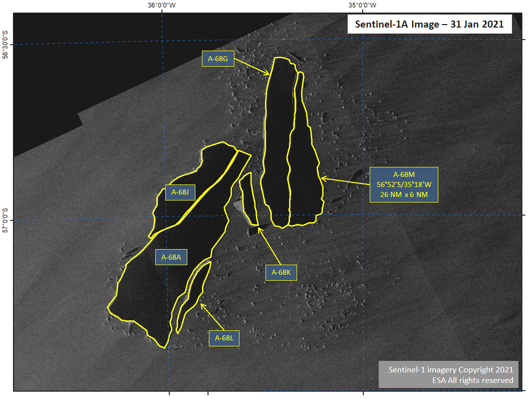 Satellite image of Icebergs A-68A, A-68G, A-68J, A-68K, A-68L, and A-68M