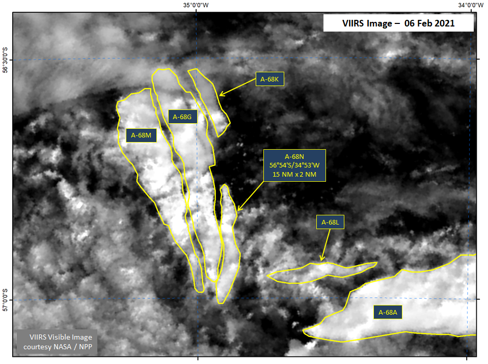 Satellite image of Iceberg A-68A, A-68G, A-68K, A-68L, A-68M, and A-68N