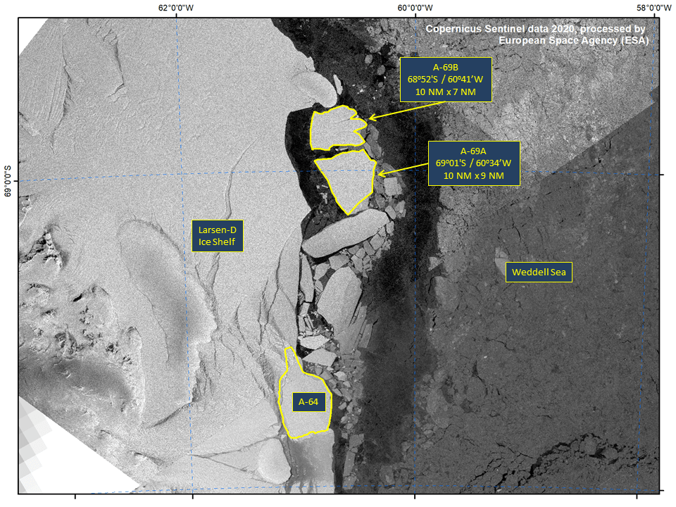 Satellite image of Iceberg A-69A and A-69B