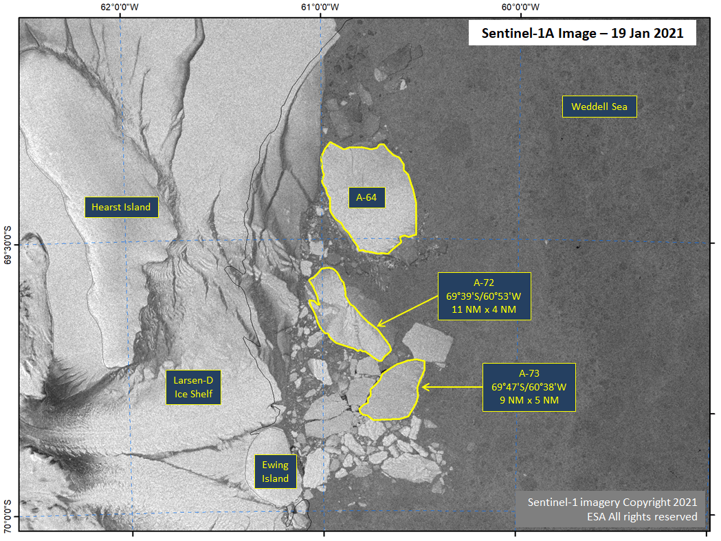 Satellite image of Icebergs A-72 and A-73