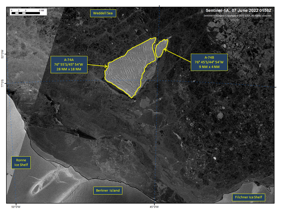 Satellite image of Iceberg A-74A and A-74B