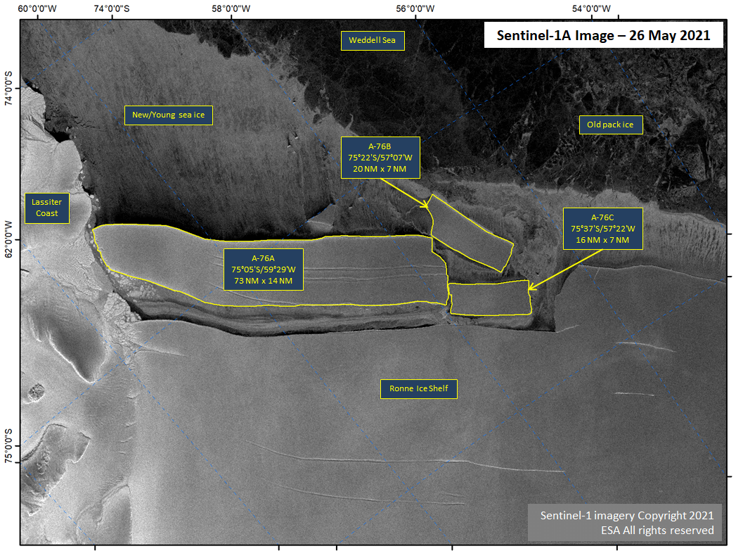 Satellite image of Iceberg A-76A, A-76B, and A-76C