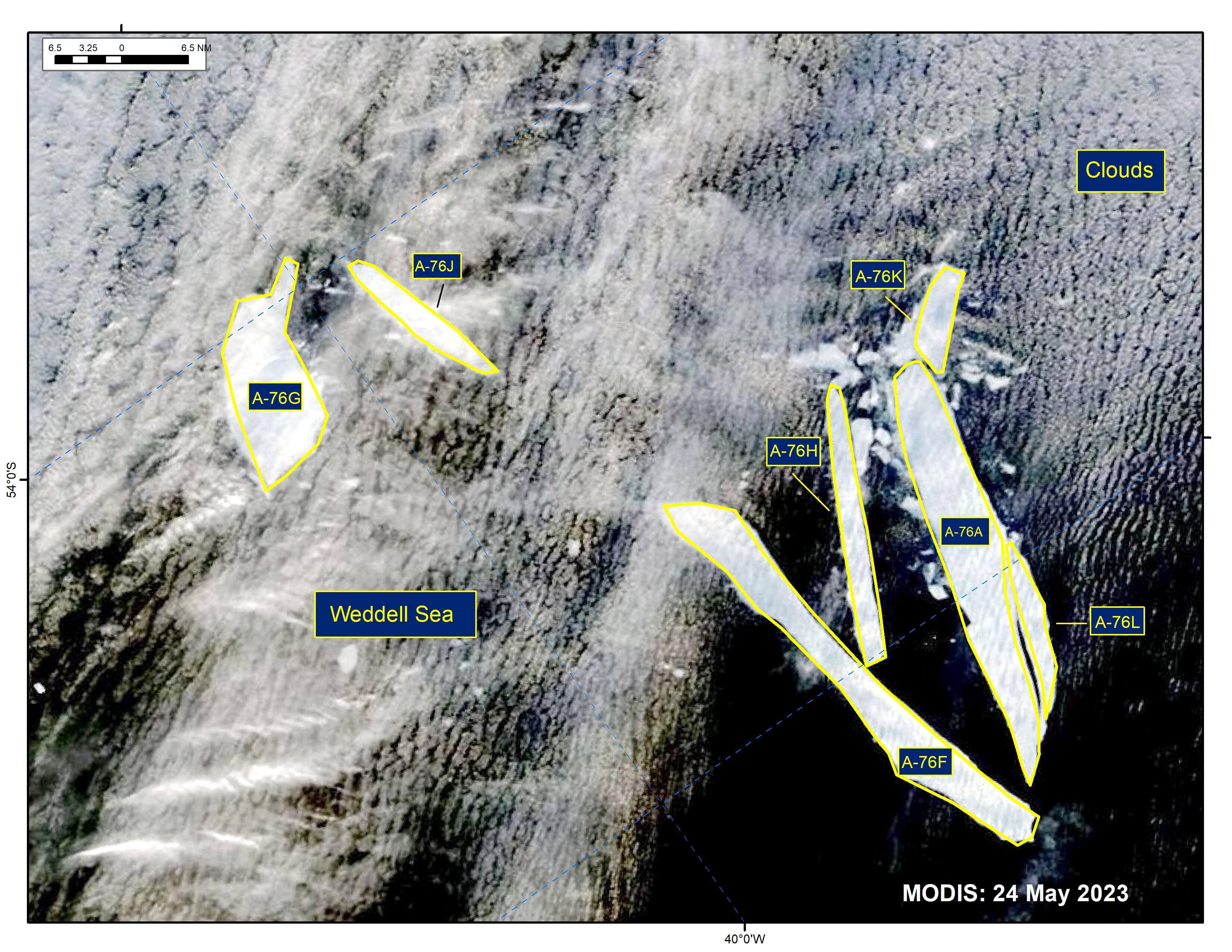 MODIS image of A-76A, A-76F, A-76G, A-76H, A-76J, A-76K, and A-76L
