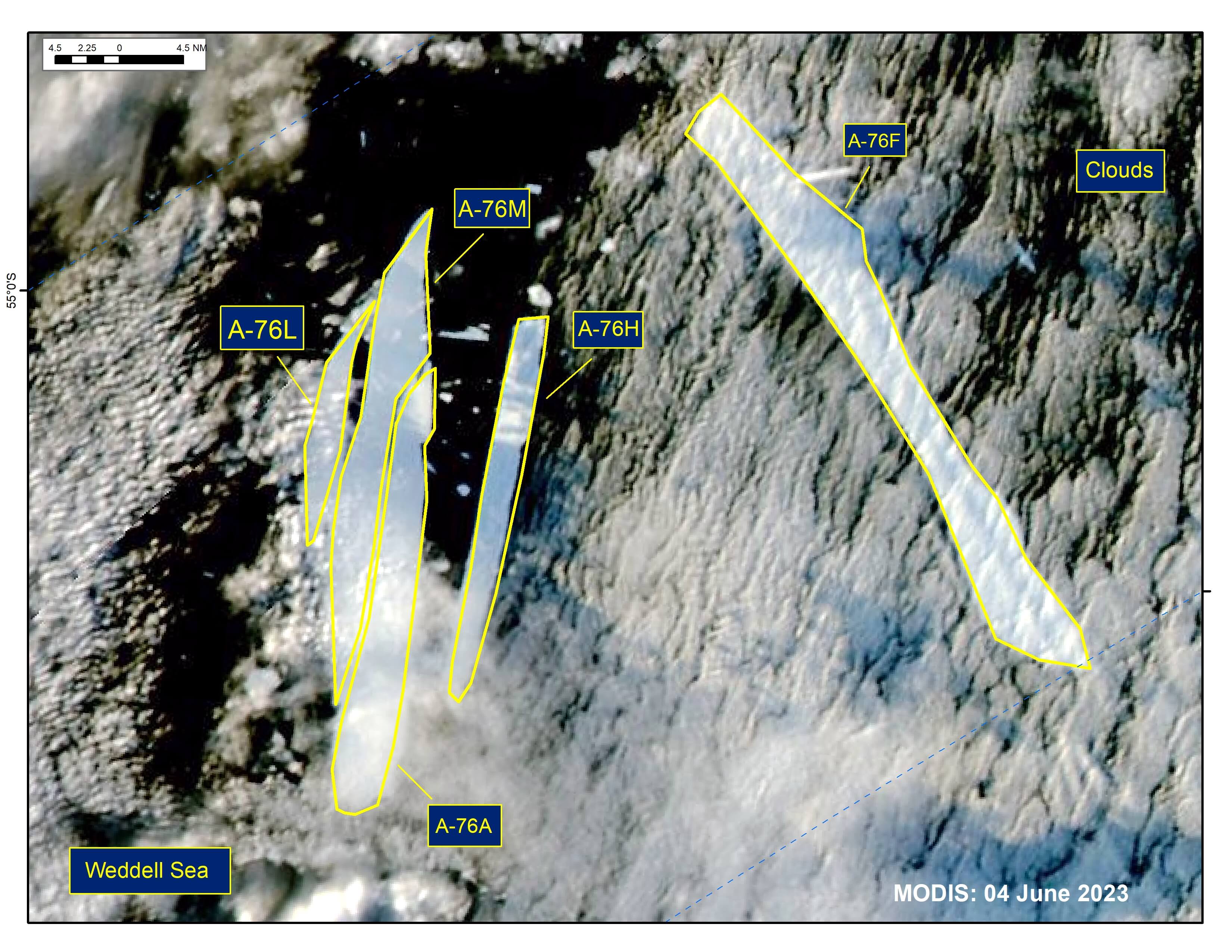 MODIS image of A-76A, A-76F, A-76H, A-76L, and A-76M