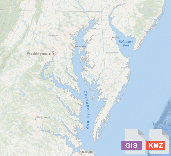 Thumbnail image of the Mid-Atlantic denoting
             GIS and KMZ files